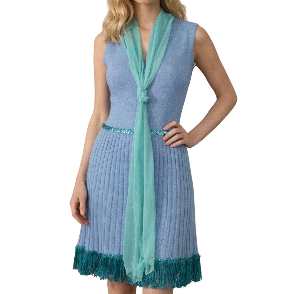 Vintage 60's St‎ John Knits Dress Ribbed Blue Sequins Fringe Sailor Scarf Small